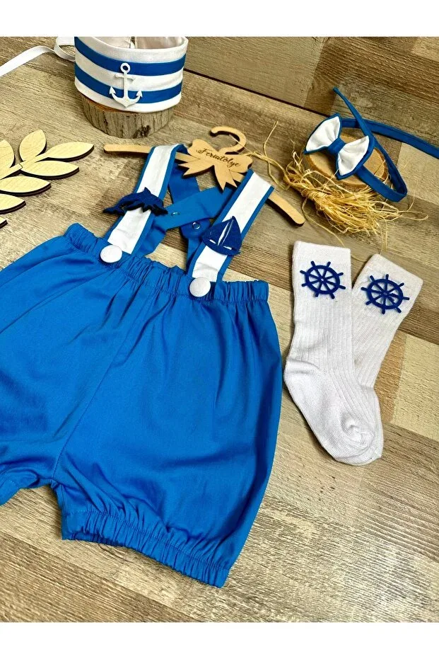 Детский комбинезон для мальчиков с принтом Sailor Concept Handmade Custom-Made Baby Boy Bow Tie Salopet Bow Tie Socks Crown Set Feriatolye, Blue — фото 3