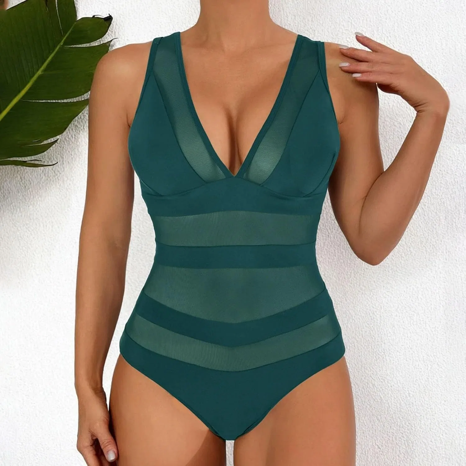 Женский слитный купальник slim fit с V-образным вырезом, Green — фото 2