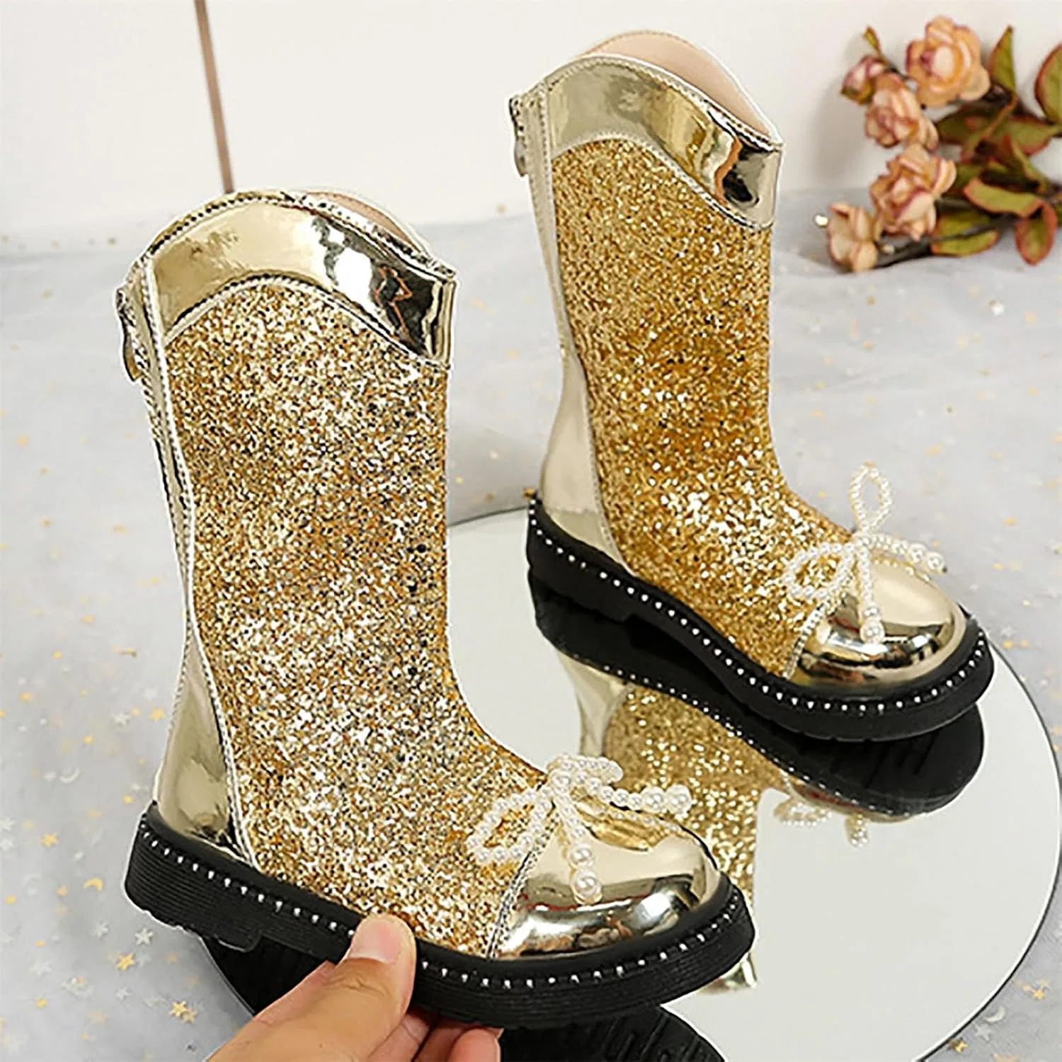Детские сапоги для девочек с принтом и блестками Pearl Bowknot Decoration Glitter Knee High Boots, Gold — фото 4
