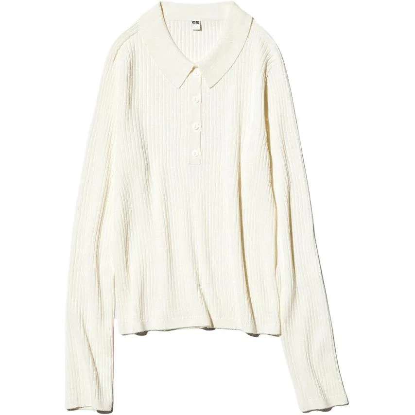 Женский свитер с воротником-поло и длинным рукавом UNIQLO, Ivory