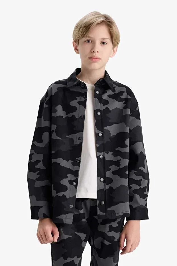 Детская рубашка для мальчиков с длинным рукавом Oversized wide fit polo neck camouflage print gabardine long sleeve shirt boy f1507a825au Defacto, Gray-Gr164 — фото 3