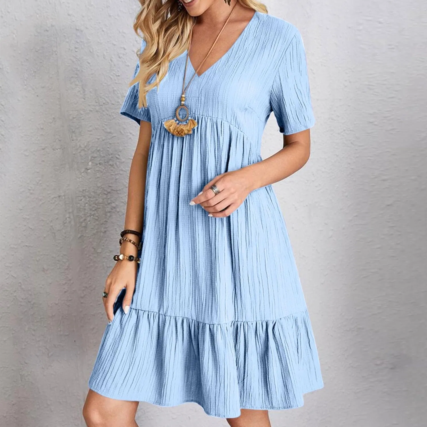 Повседневное летнее платье с V-образным вырезом и рюшами, Light Blue — фото 2