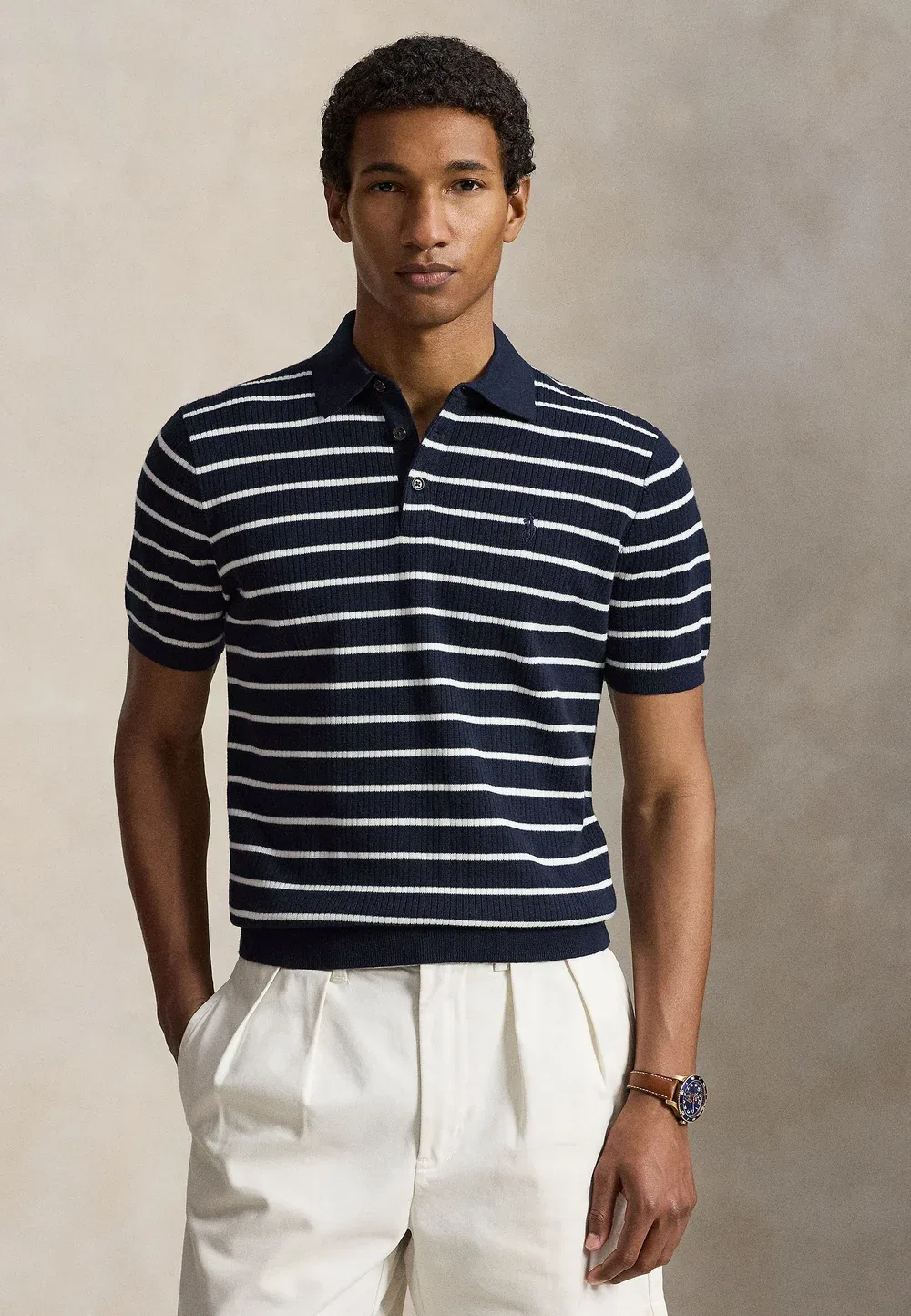 Поло из хлопка в полоску, трикотажное в рубчик Polo Ralph Lauren, Navy White Combo