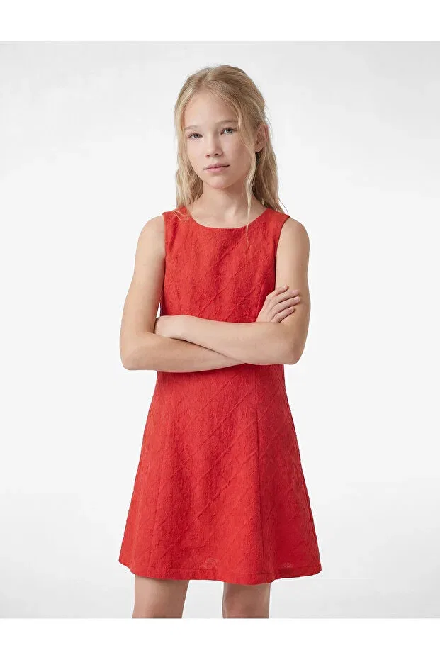 Детское платье для девочек с принтом Bürümcük fabric crew neck sleeveless embroidered dress Koton, Red — фото 2