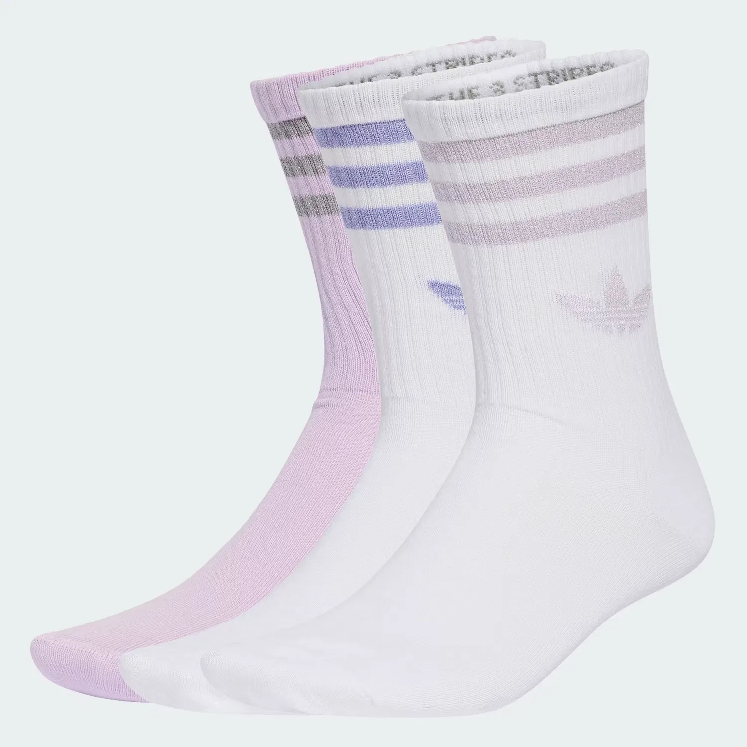 Носки до середины голени с блестками, набор из 3 пар, 3-stripes glitter crew, Adidas Originals, белый/лавандовый
