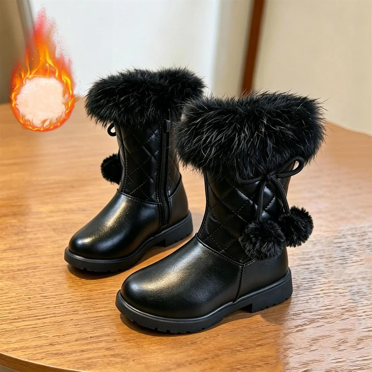 Детские сапоги для девочек с меховой отделкой и помпонами, Black — фото 2