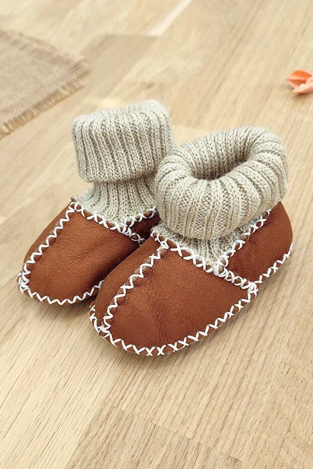 Детские пинетки из натуральной кожи с шерстью Sitilin, Brown — фото 3