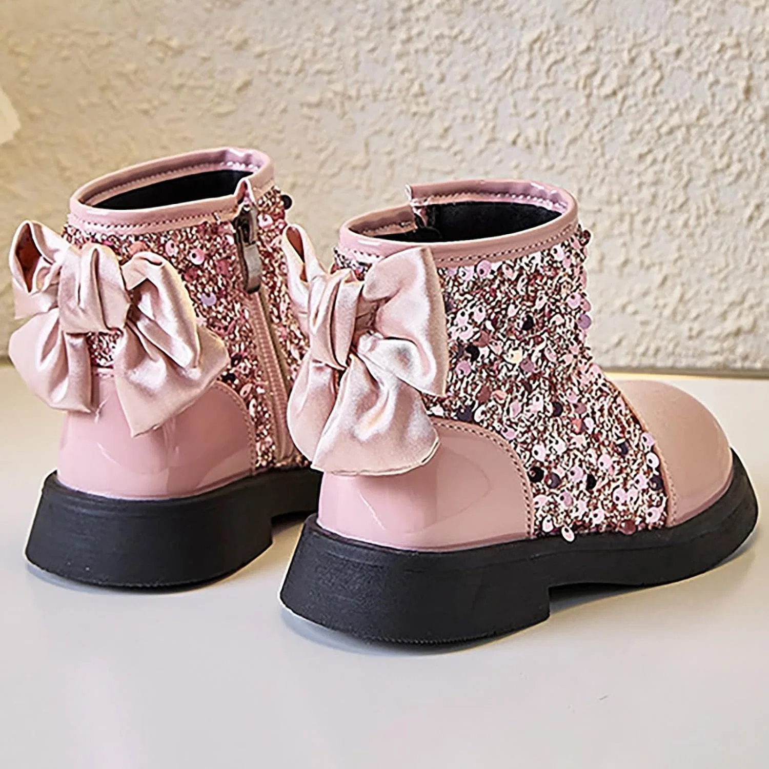 Детские ботинки для девочек с пайетками и мехом, Pink — фото 3
