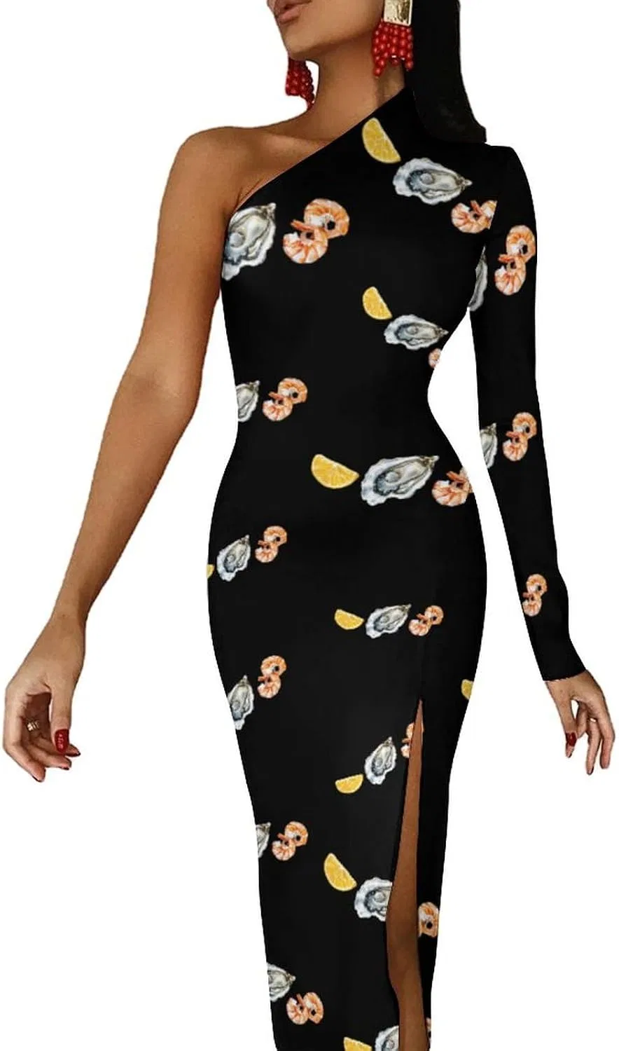 Женское коктейльное платье с одним плечом Oyster Shrimp Lemon Seafood, Black