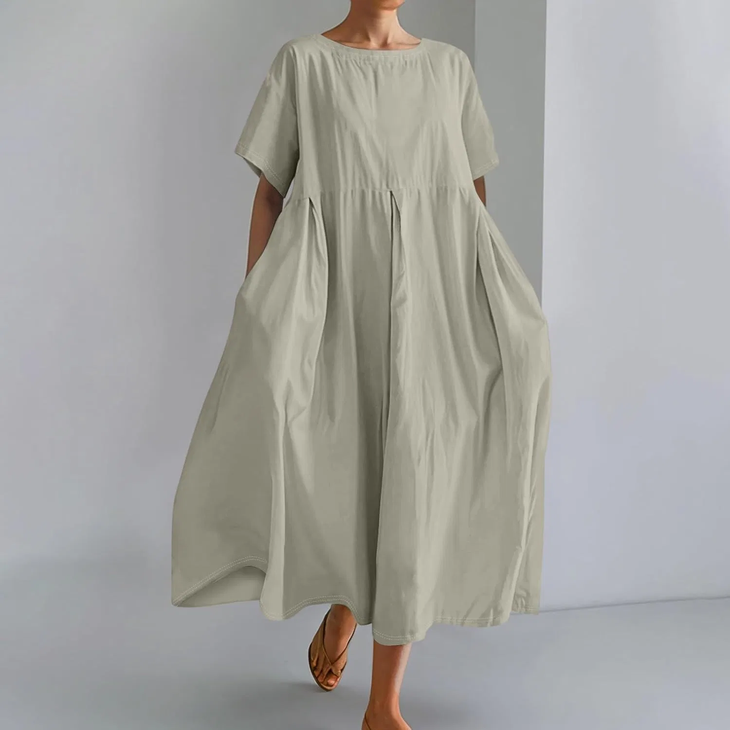 Женское летнее платье свободного кроя с хлопковым льном, Crew Neck, Midi, Gray — фото 2
