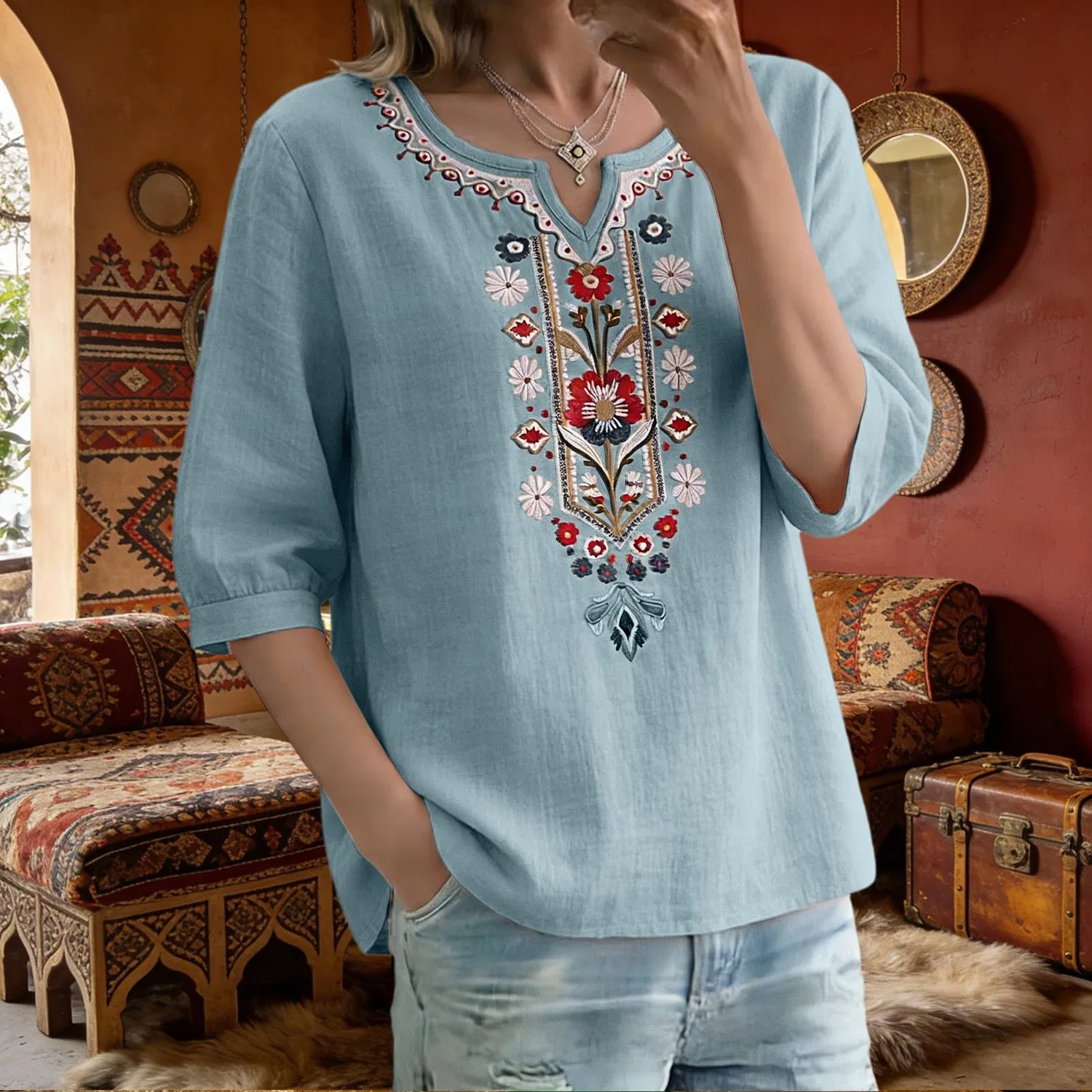 Женская льняная блуза с принтом и вышивкой Chinese Shirts, Z06-light Blue — фото 4