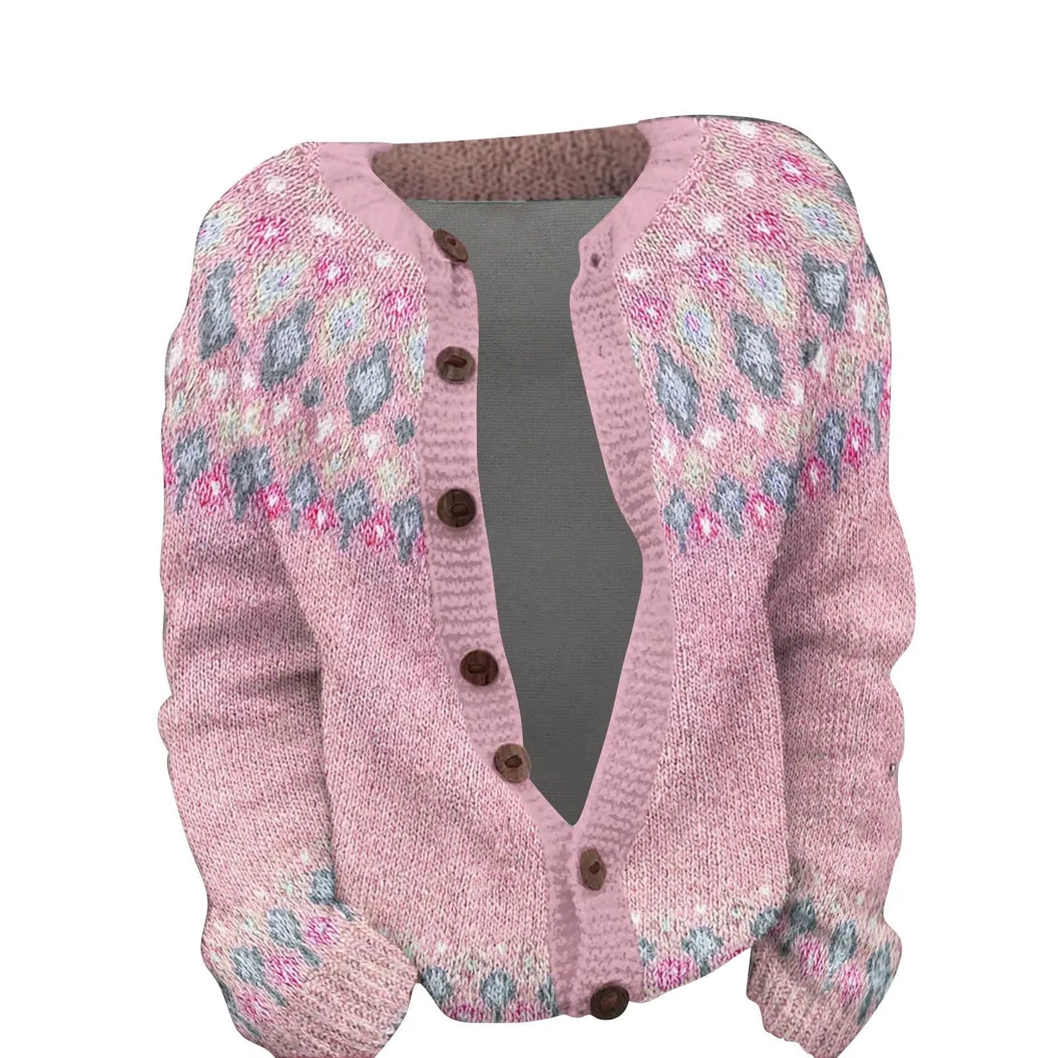 Женский кардиган с принтом, длинным рукавом, модель Print Long Sleeve Crewneck Sweaters Ribbed Buttons Ribbed Cuffs Sweater Short Cardigan Knitted Comfortable Knitted Cardigan 2025, Pink — фото 2