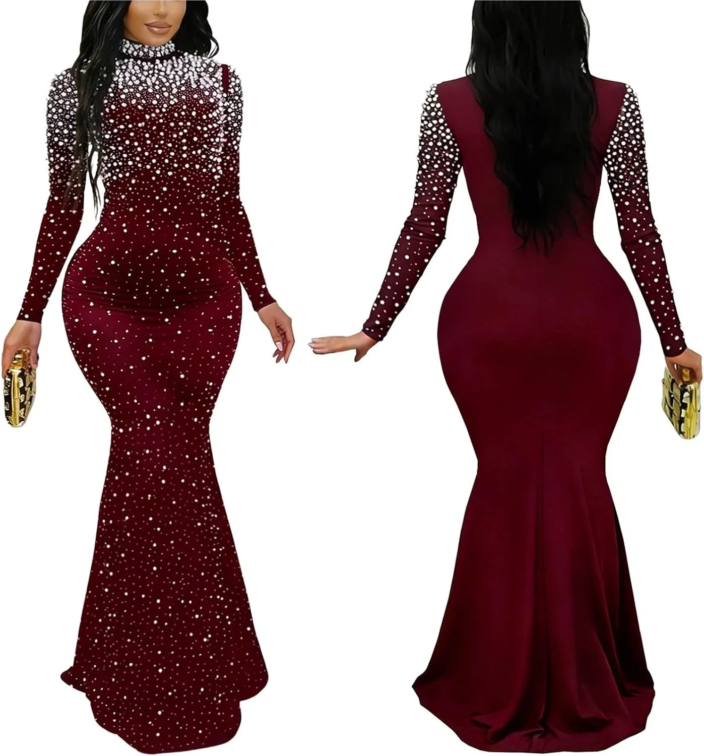 Женское вечернее платье с завышенной талией и стразами Bodycon Maxi, Wine Red — фото 3