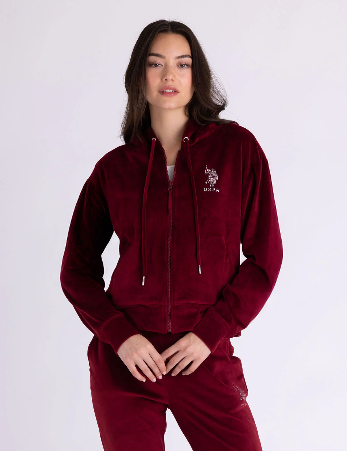 

Худи U.S. Polo Assn Velour Rhinestone Zip Up, темно-красный