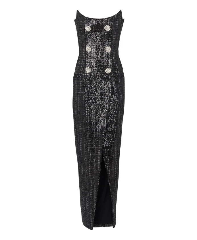 

Длинное платье с бюстье из сверкающего твида. Balmain, черный