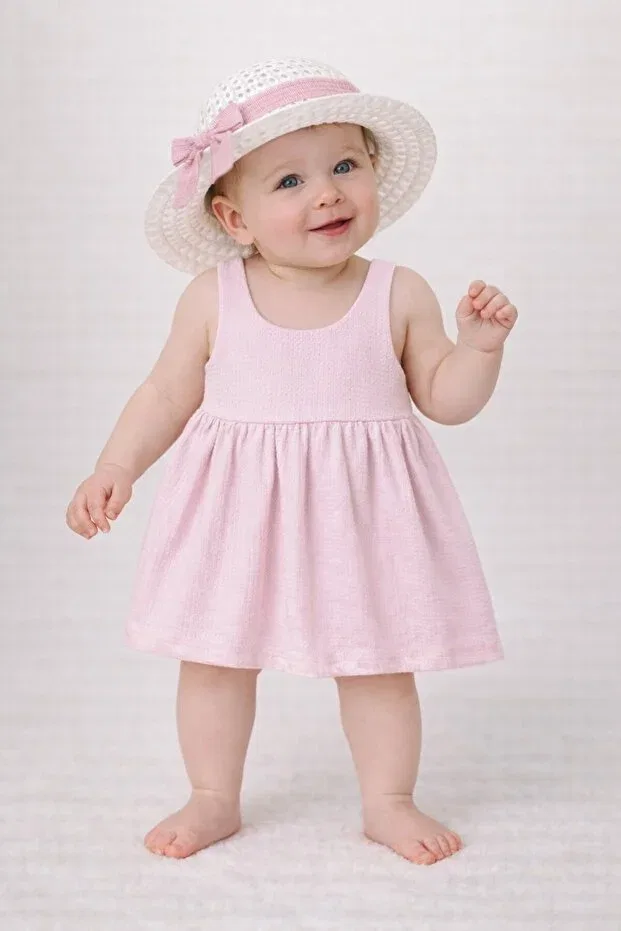 Детское платье для девочек с бантом Sweet Ribbed Hat Bow Chicsy Baby, Powder
