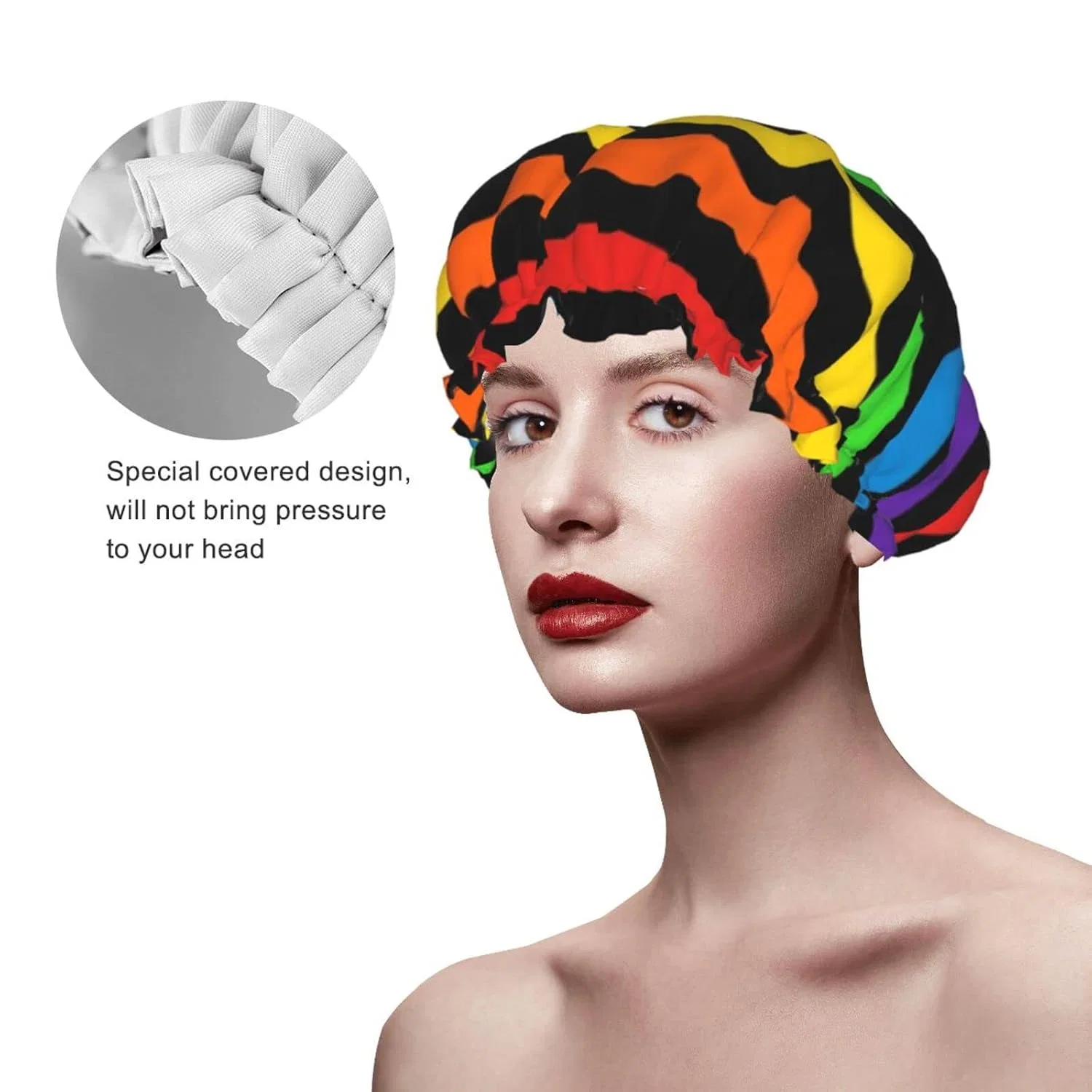 Водонепроницаемая шапочка для душа Oudrspo, двухслойная, Stripes Horizontal Rainbow — фото 3