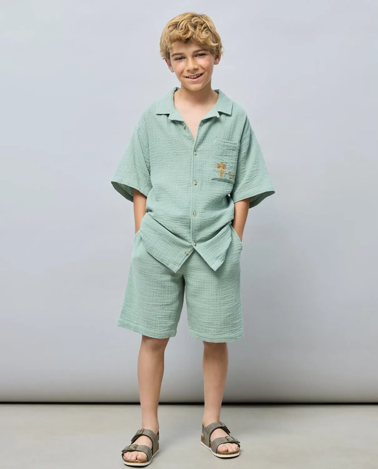 Детская рубашка с коротким рукавом из двойной марли Kids El Corte Inglés, Verde Agua — фото 2