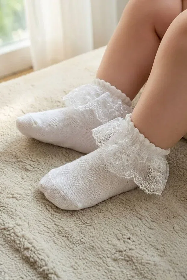 Детские носки для девочек с кружевом Esinti, White/Yellow — фото 4