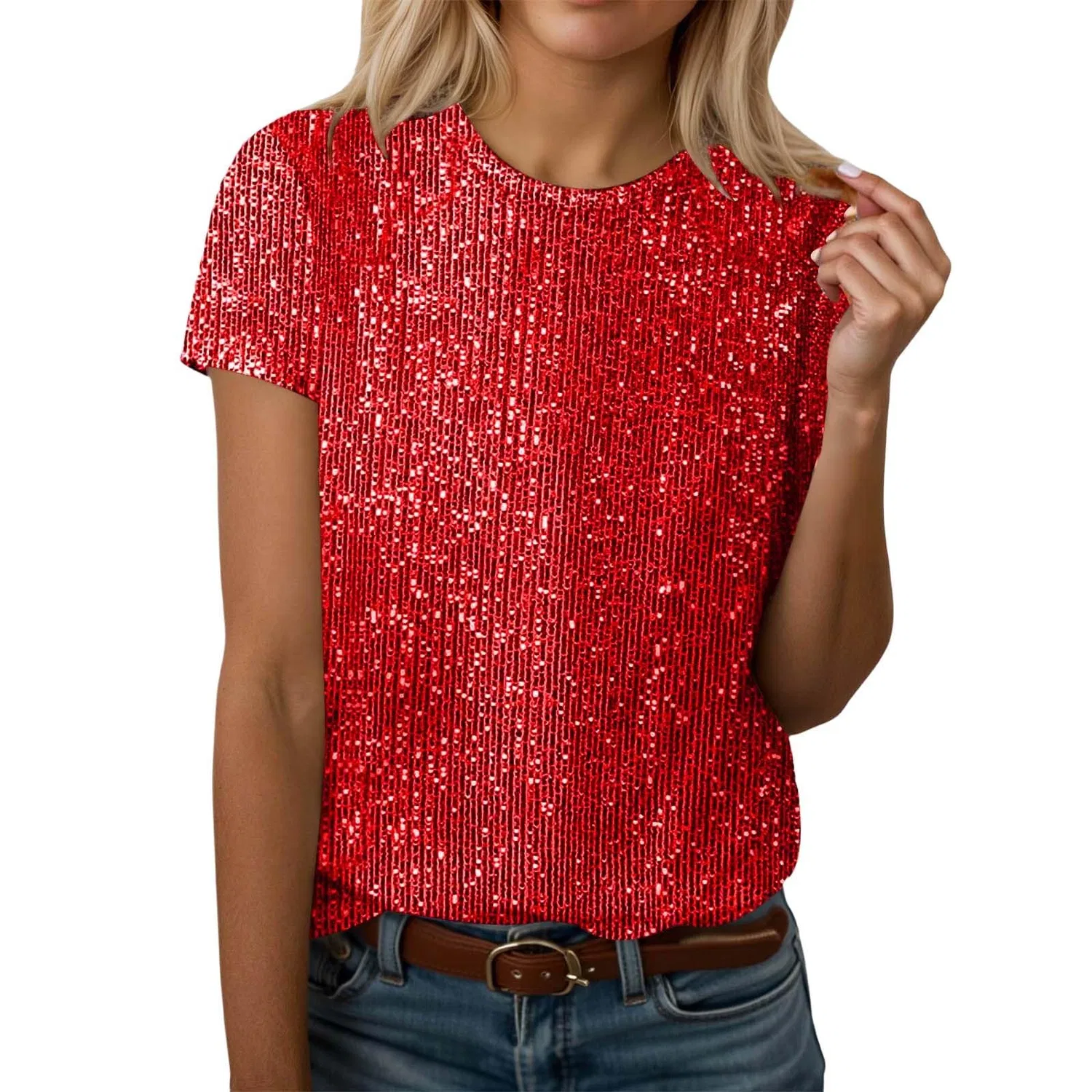 Женская блестящая футболка с коротким рукавом и круглым вырезом, L01 Red