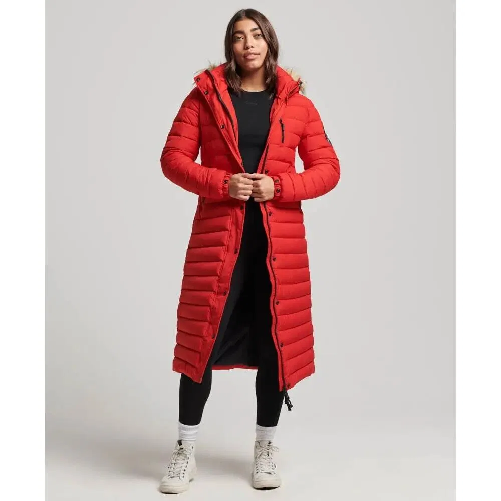 Женская длинная стеганая куртка с капюшоном Superdry Fuji, Rot — фото 2
