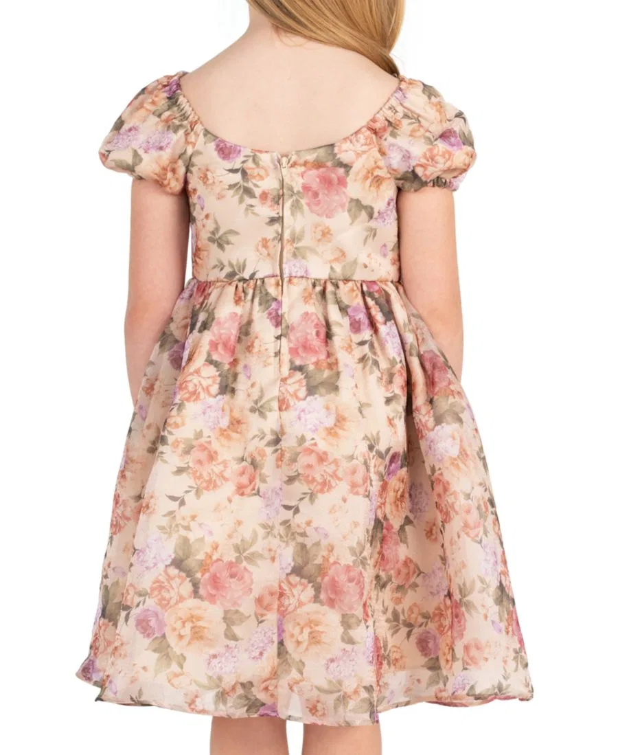 Платье с принтом из шиммерной органзы с пышными рукавами Floral Print Shimmer Organza Puff Sleeve Dress Rare Editions, Taupe — фото 3