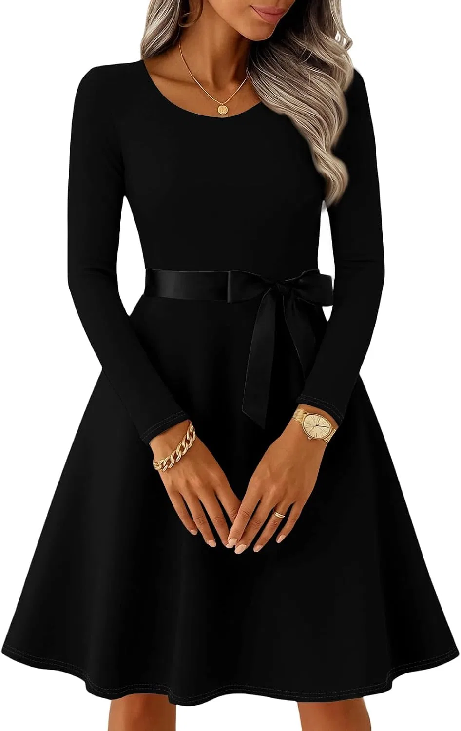 Женское платье миди с длинным рукавом A-line, Black