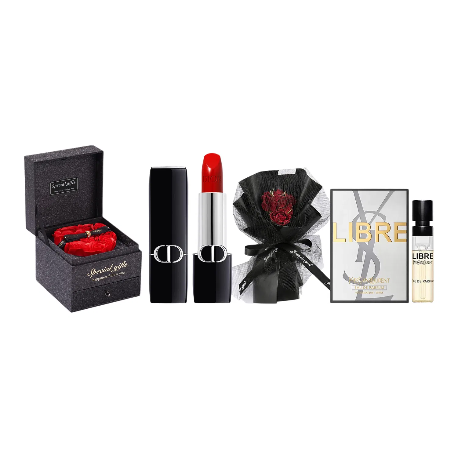 Женская губная помада с атласным финишем, набор с розой, DIOR, 999 Legend Red Lip