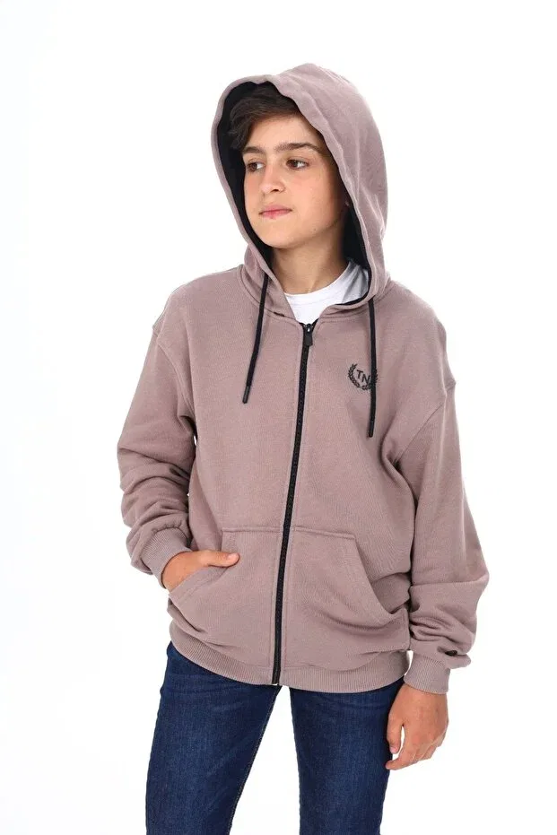 Детский кардиган с капюшоном Bitter brown boy's hooded zippered pockets low shoulder printed knitted cardigan - 3 thread without shardon Toontoy, Bitter Coffee — фото 4