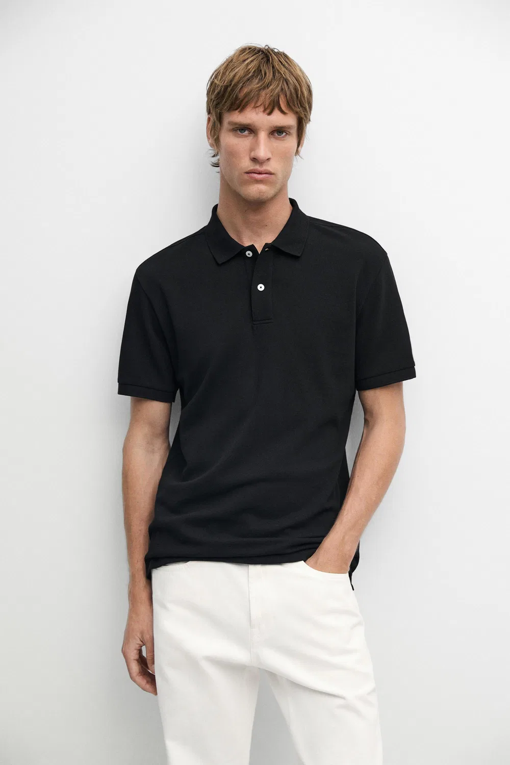 Поло из микротекстурированного хлопка пике Massimo Dutti, черный — фото 2
