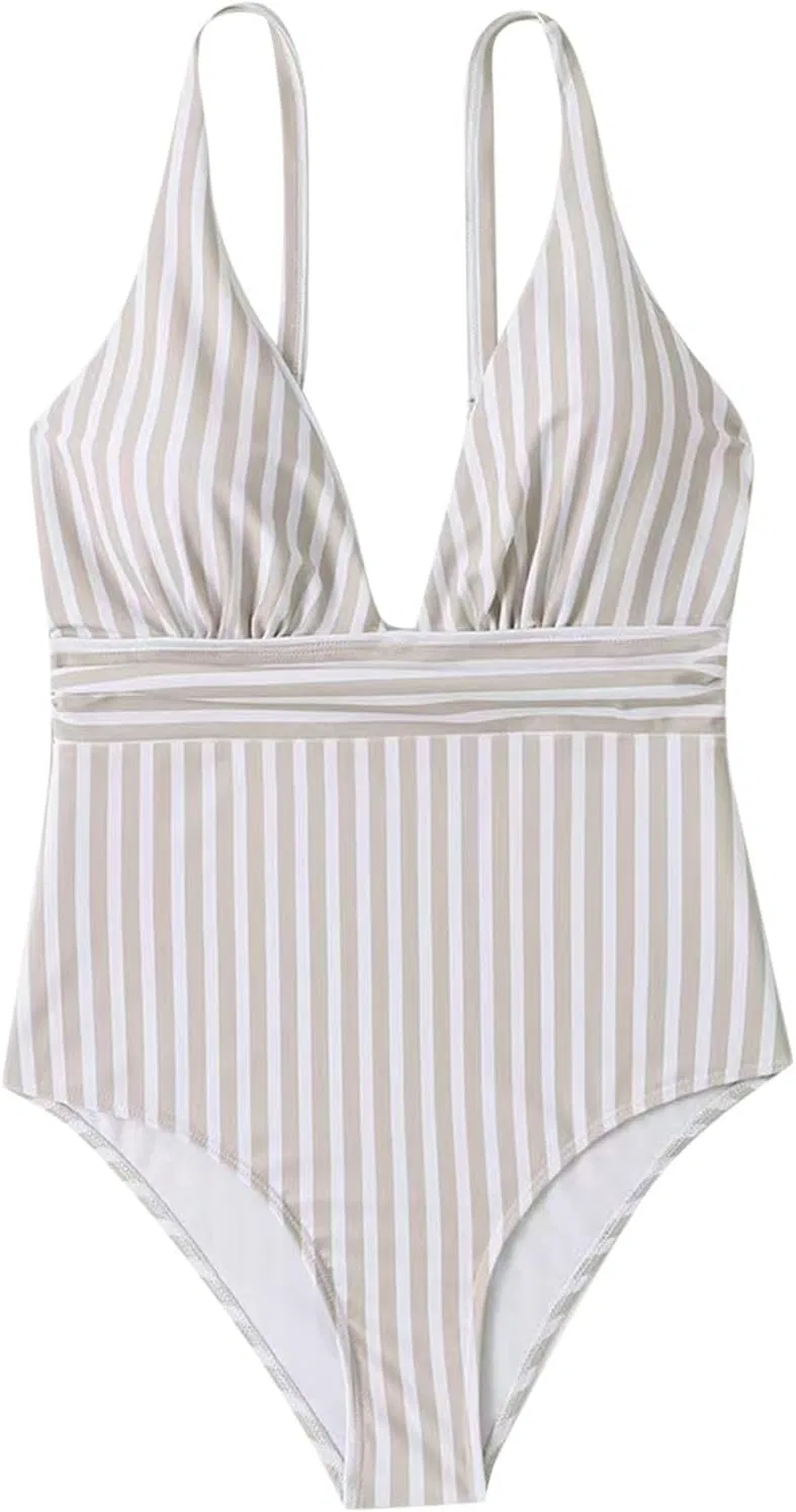 Женский цельный купальник в полоску с высокой талией Generic, White — фото 4