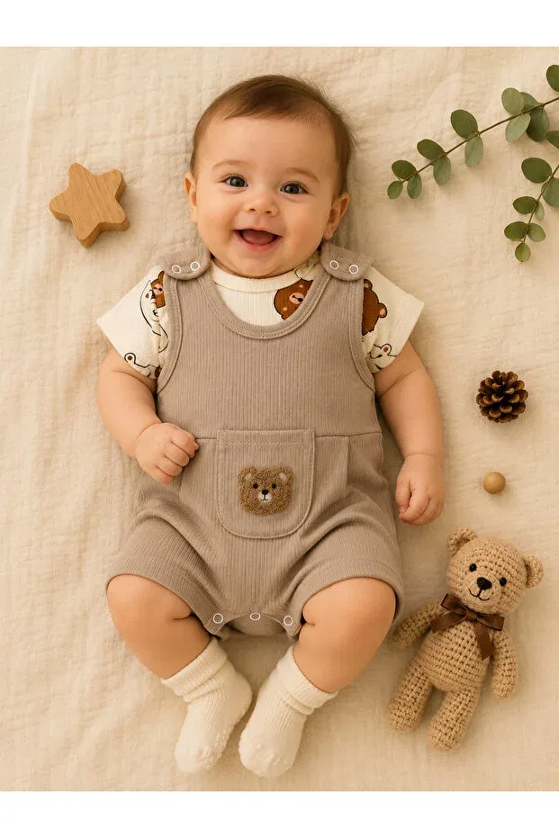 Детское боди-комбинезон для мальчиков с принтом Teddy bear patterned short sleeve Efia Baby, Brown