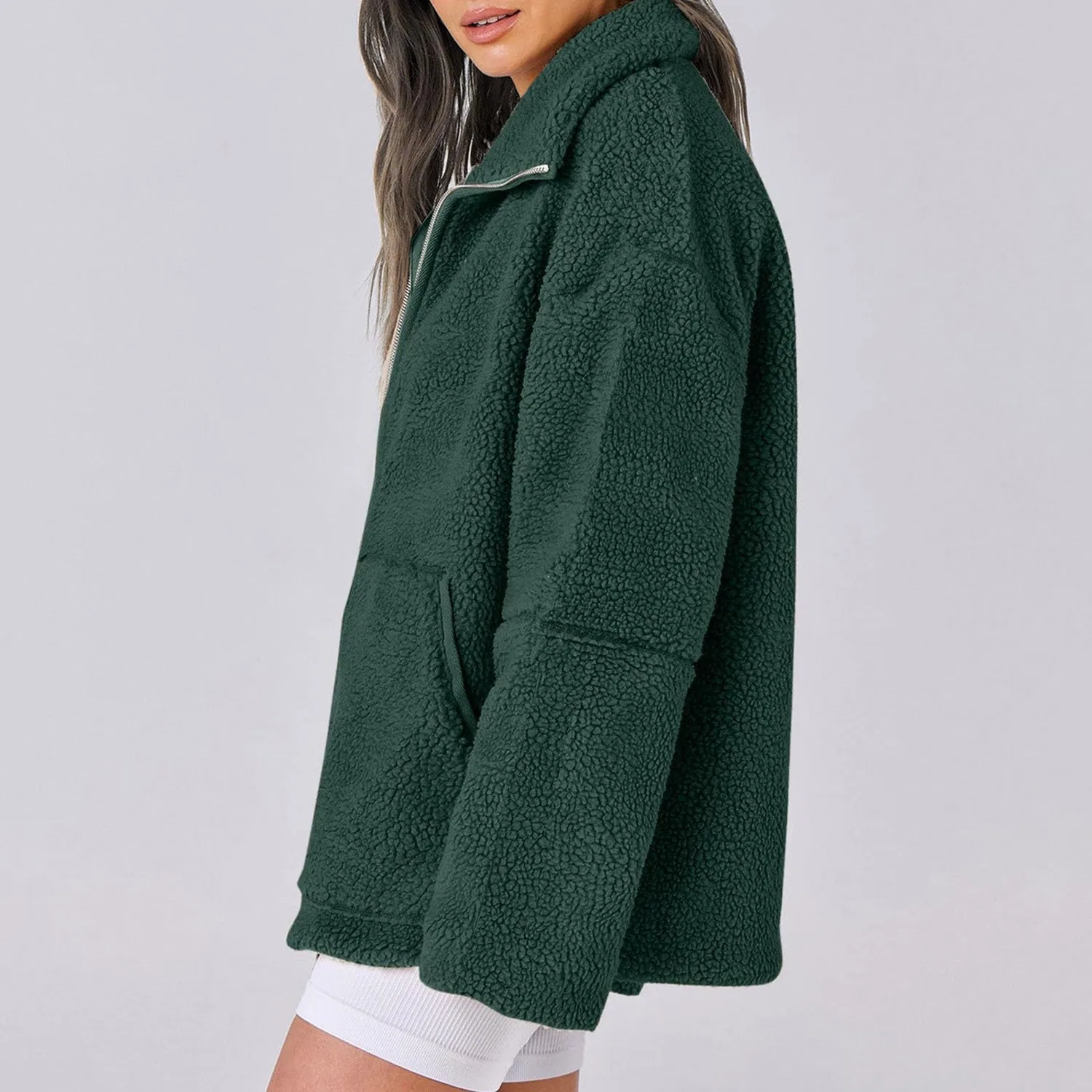 Женское пальто с принтом Oversized Jacket Zipper Pockets Casual, Verde — фото 3