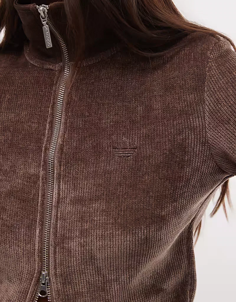 Кардиган Adidas Originals из синели на молнии, коричневый — фото 3
