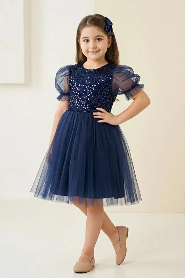 Детское платье для девочек с пайетками Puff Sleeve Sequin Girls' Tutu Dress Mnk Baby&Kids, Navy Blue