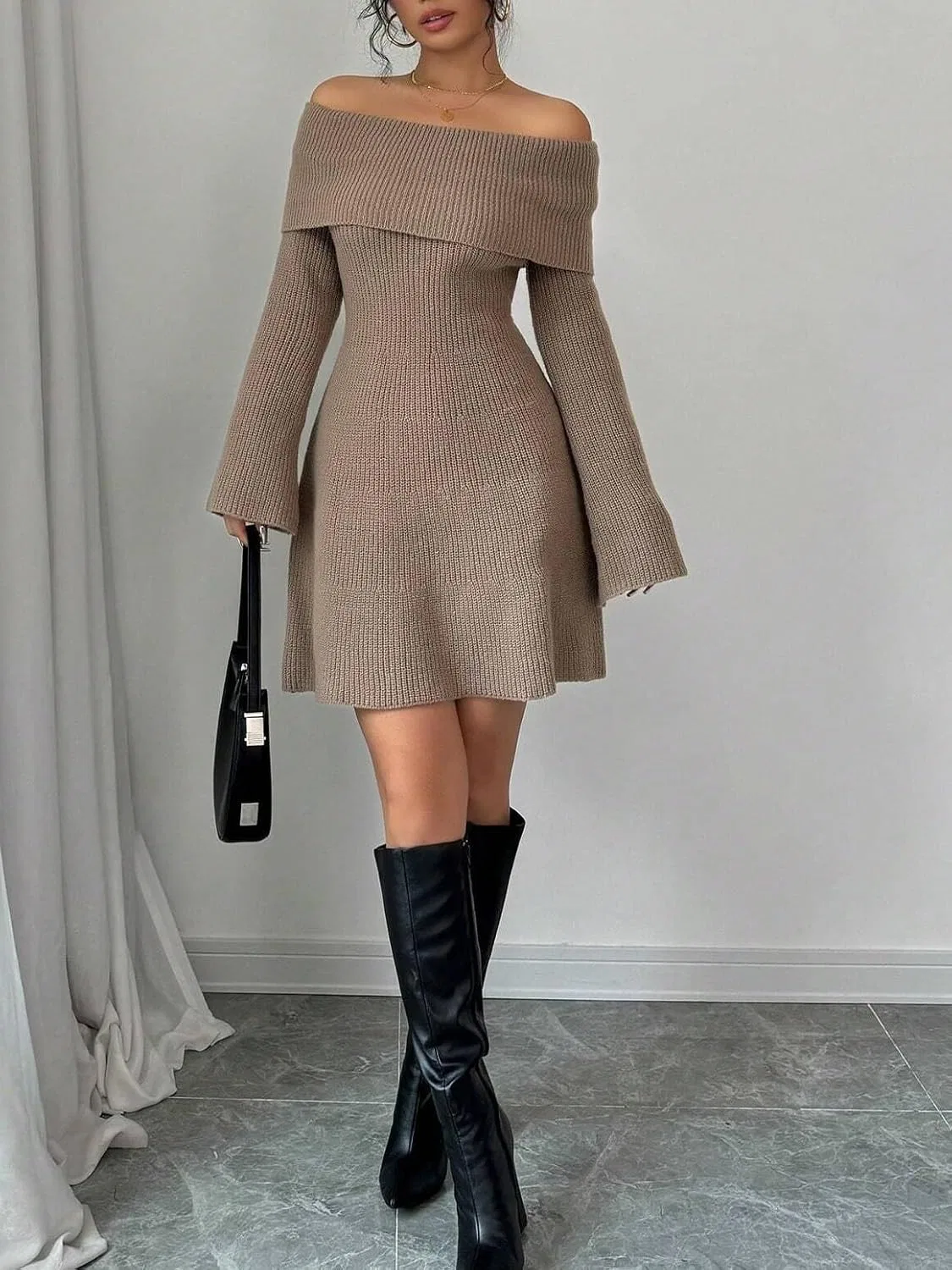 Женское мини-платье с длинным рукавом офф-плечо Knit, Brown — фото 3