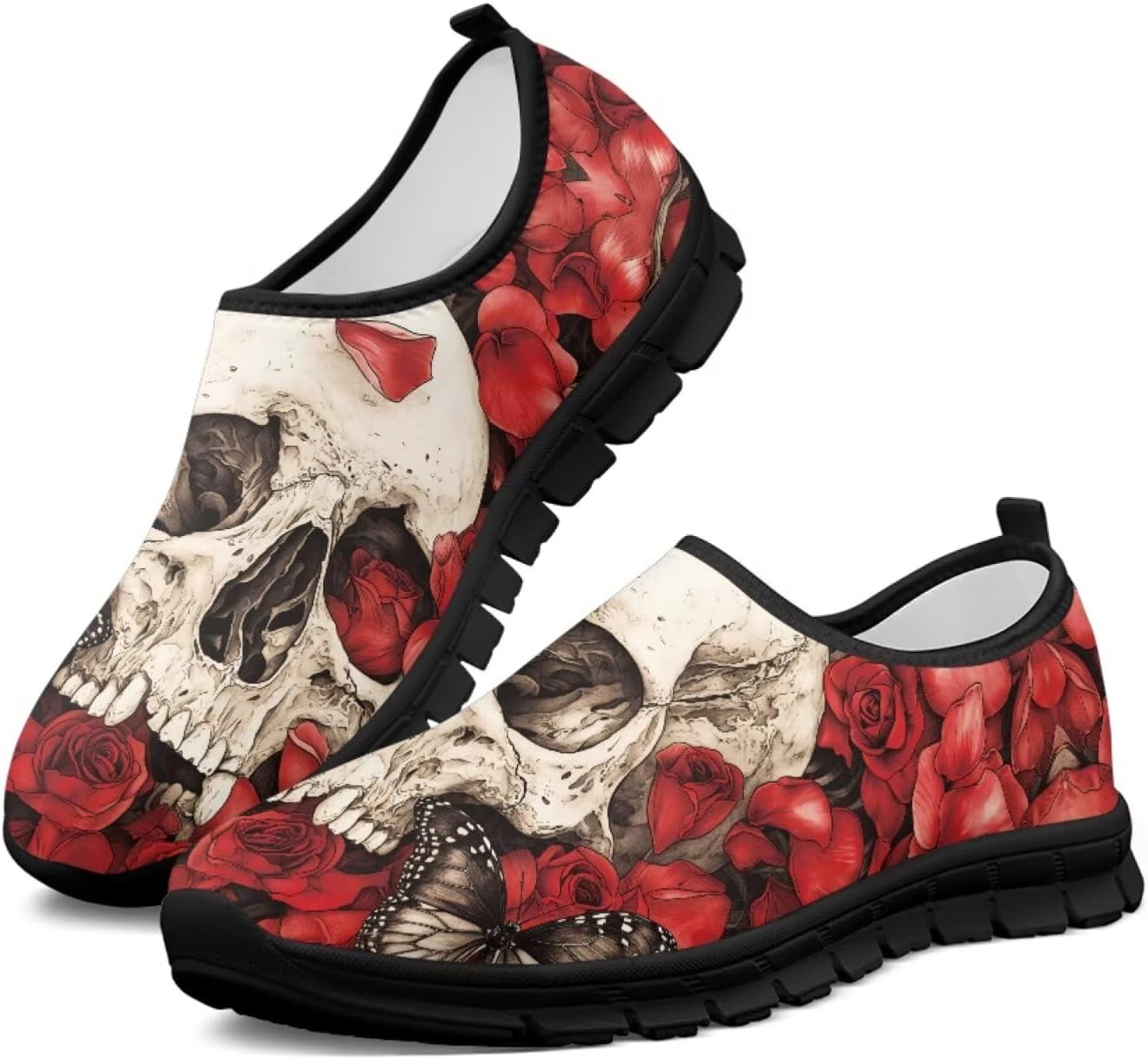 

Мокасины с принтом черепа Hsaiyjsp для мужчин и женщин, кроссовки без шнурков, дышащие обувь для бега и ходьбы, красный