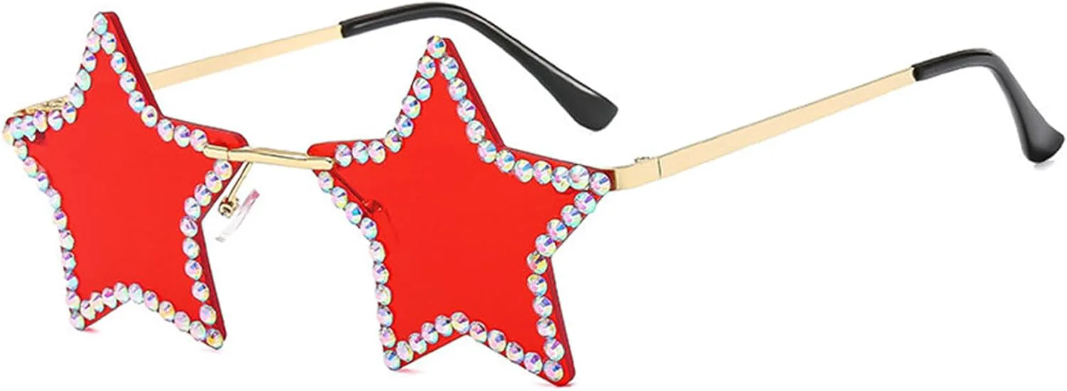 

Солнцезащитные очки Willochra без оправы в форме звезды с защитой UV400, модные солнцезащитные очки со стразами, очки для вечеринок для женщин, 2pcs-red&pink