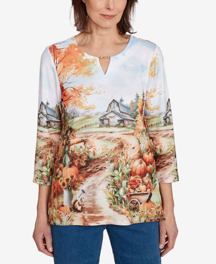

Женский классический топ с фермерским пейзажем и цветочным принтом Alfred Dunner, Oatmeal Multi