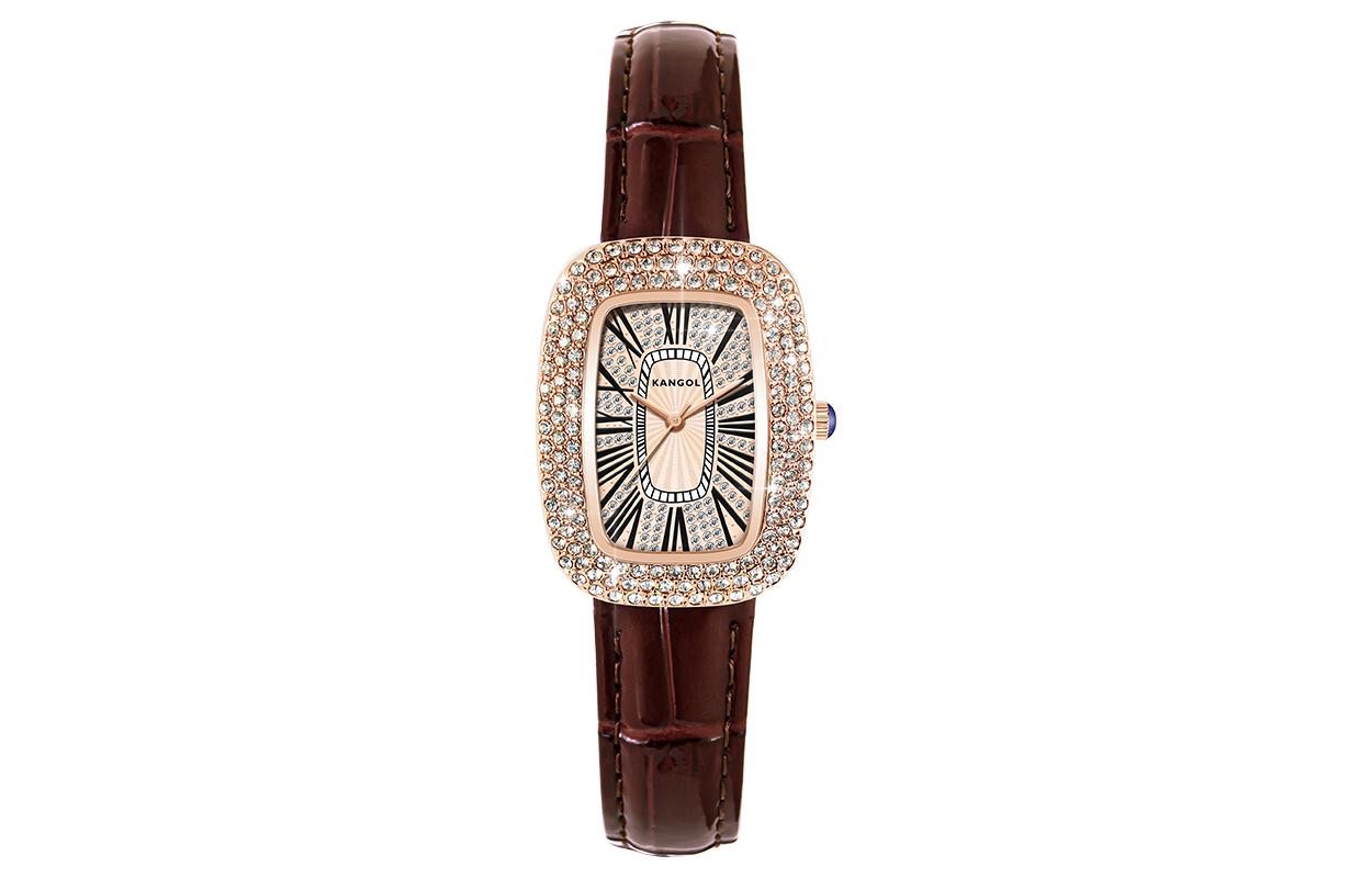 

Кварцевые часы на кожаном ремне Женские часы KANGOL с золотым циферблатом, стиль "Голубиное яйцо" коричневый (браслет-коробка)