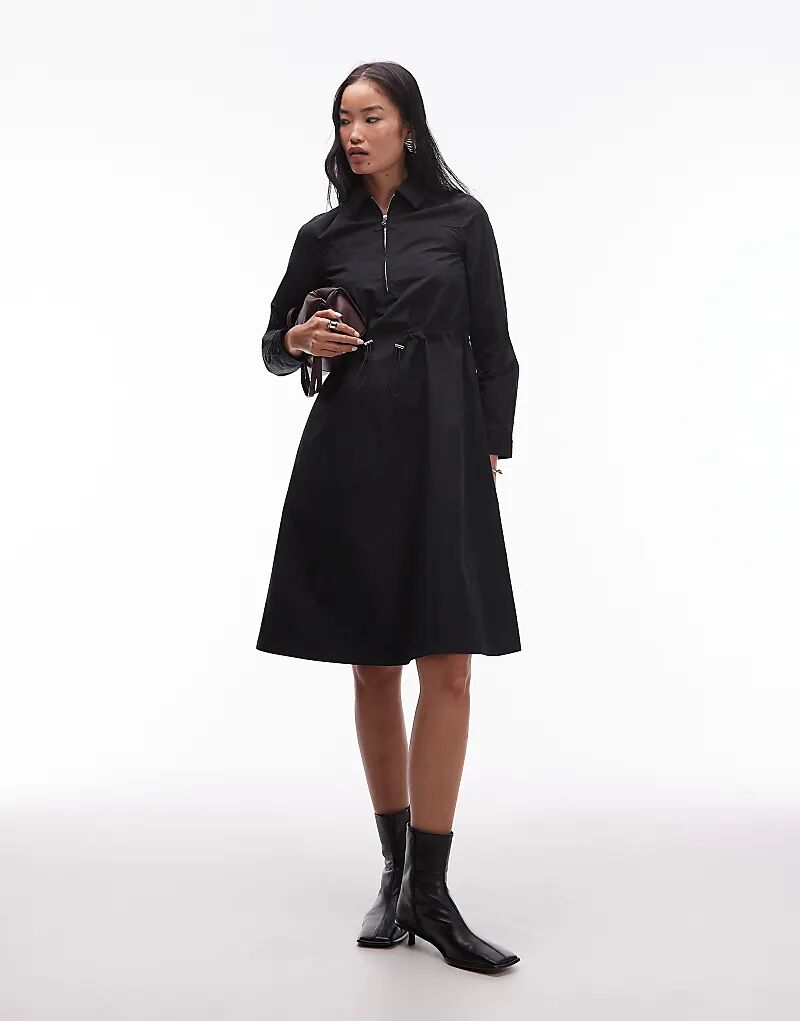 

Платье-рубашка мини ARKET из хлопка с длинными рукавами и поясом на талии, черное