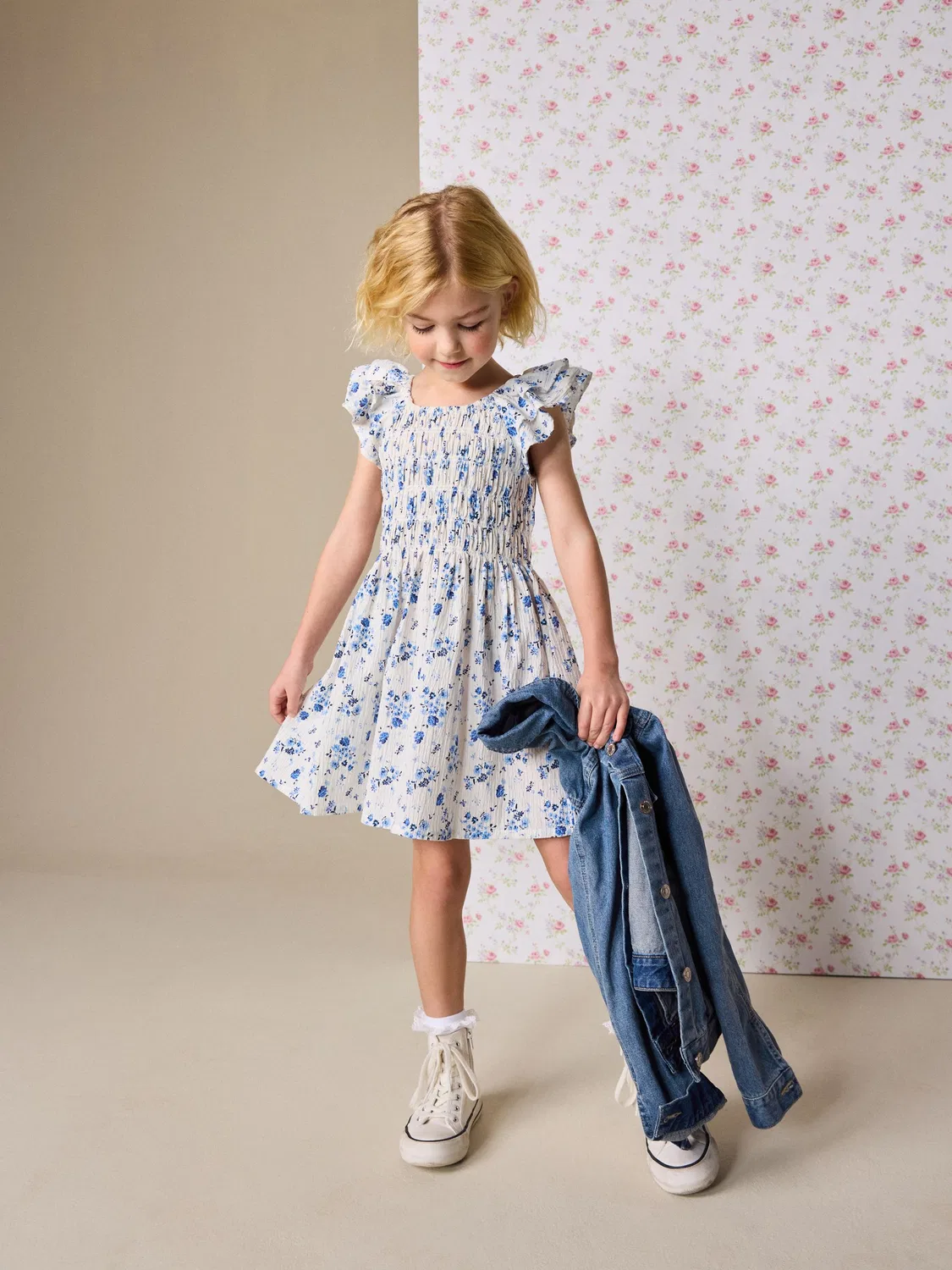 Платье с цветочным принтом, Smocked Frill Sleeve Next, Blue Floral — фото 2