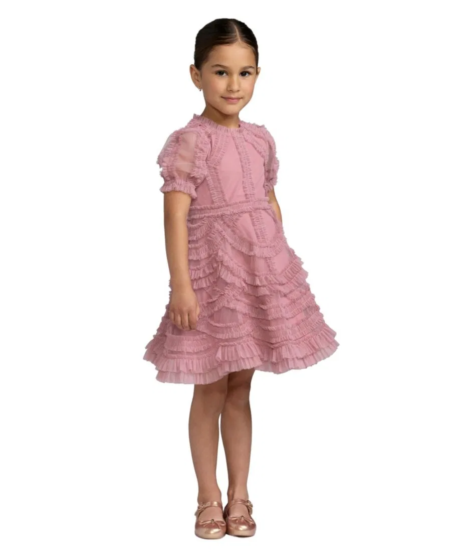 Платье мини с высоким воротом и пышными рукавами, с оборками, Big Girls High Neck Puff Sleeve Ruffle Mini Dress Mac Duggal, Antique Rose