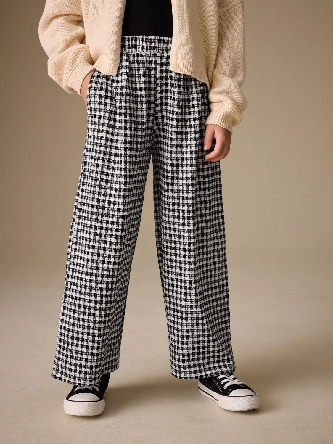 Брюки широкие, клетка, Wide Leg Textured Next, черно-белая клетка