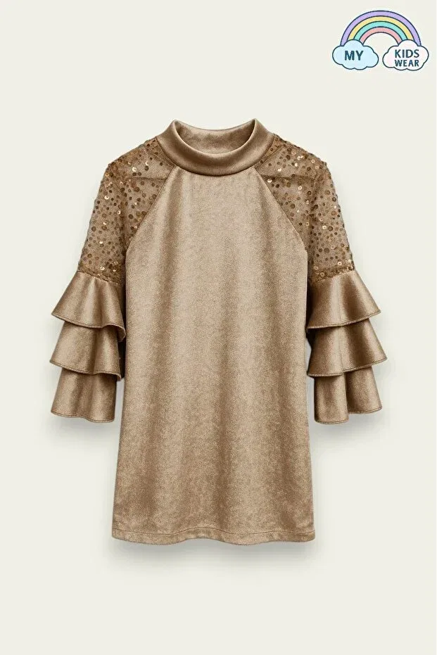 Детское бархатное платье для девочек с длинным рукавом My Kids Wear, Beige — фото 3
