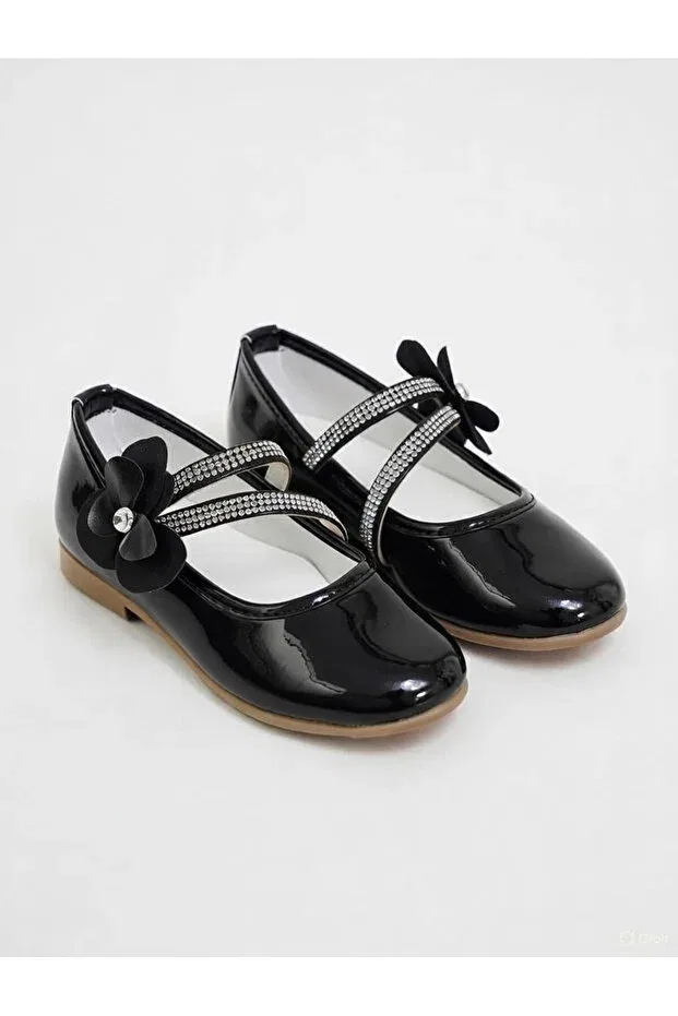 Детские балетки для девочек с принтом Double Strap Stone Patent Leather Lideral, Black