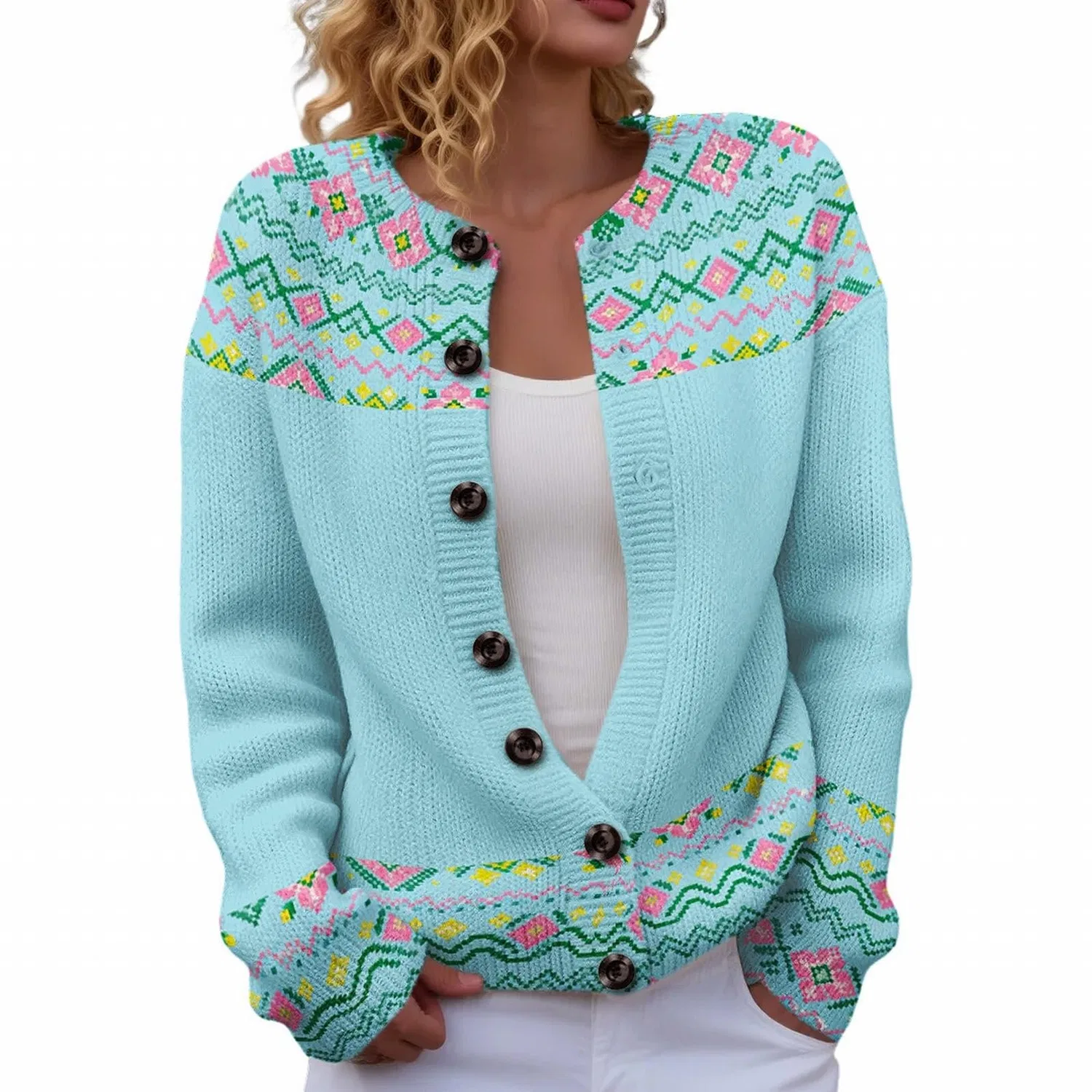 Женский кардиган с принтом Fair Isle, 02#sky Blue