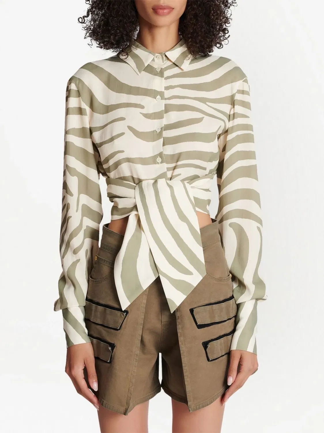 Рубашка из вискозы с завязкой на талии Balmain, нейтральные — фото 4
