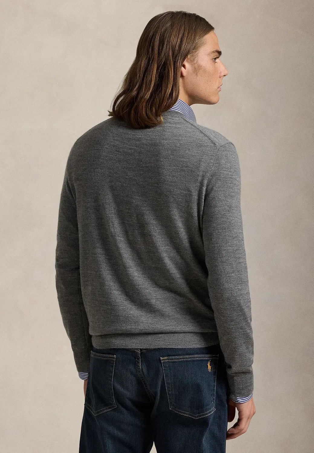 Шерстяной свитер с V-образным вырезом, который можно стирать Polo Ralph Lauren, Fawn Grey Heather — фото 3