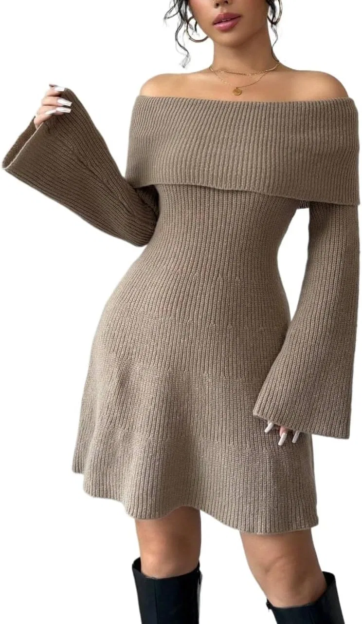 Женское мини-платье с длинным рукавом офф-плечо Knit, Brown
